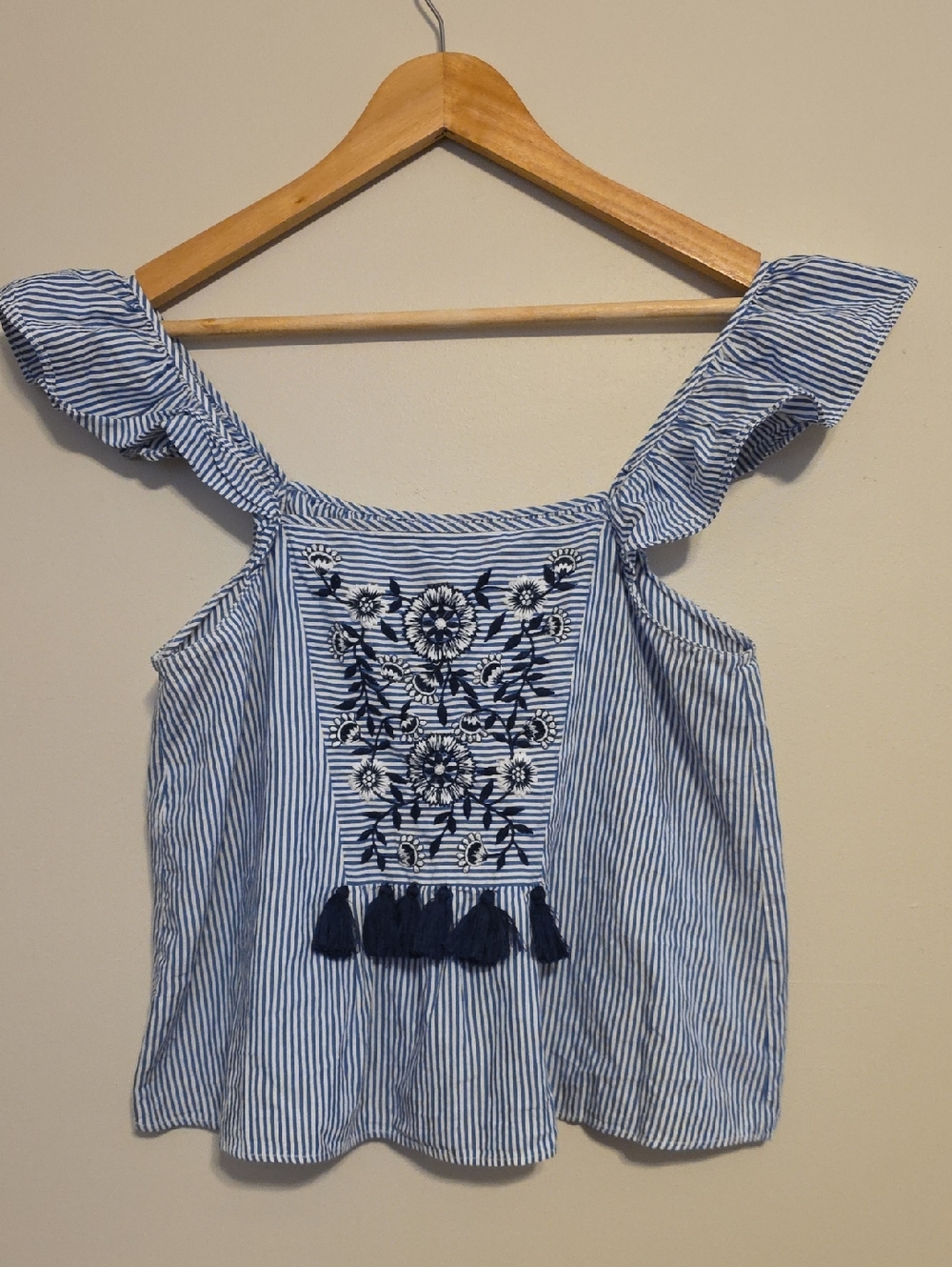 Zara Blue and White Striped Embroidered Tank Top Blouse